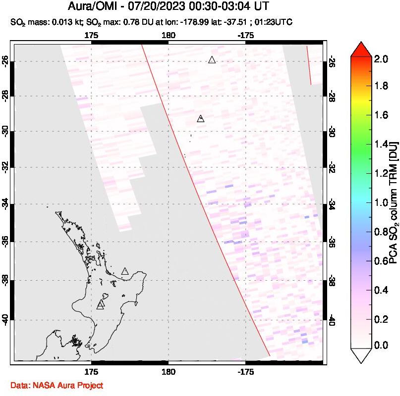 A sulfur dioxide image over New Zealand on Jul 20, 2023.