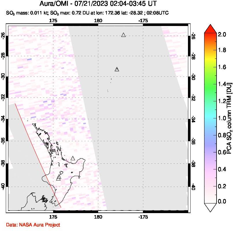 A sulfur dioxide image over New Zealand on Jul 21, 2023.