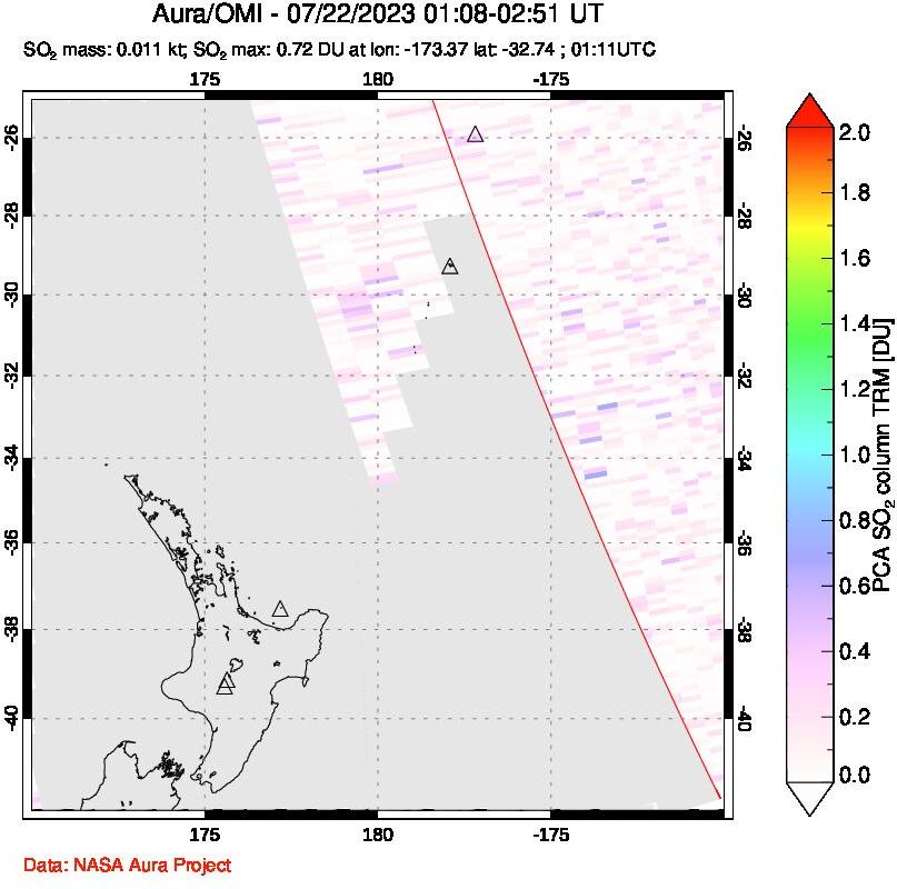 A sulfur dioxide image over New Zealand on Jul 22, 2023.