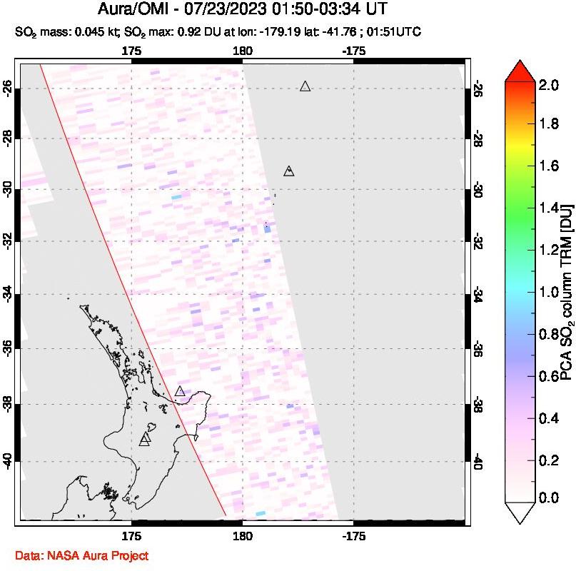 A sulfur dioxide image over New Zealand on Jul 23, 2023.