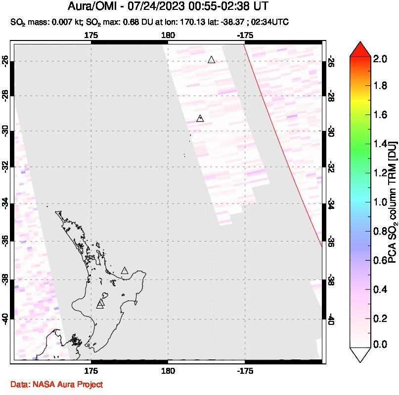 A sulfur dioxide image over New Zealand on Jul 24, 2023.