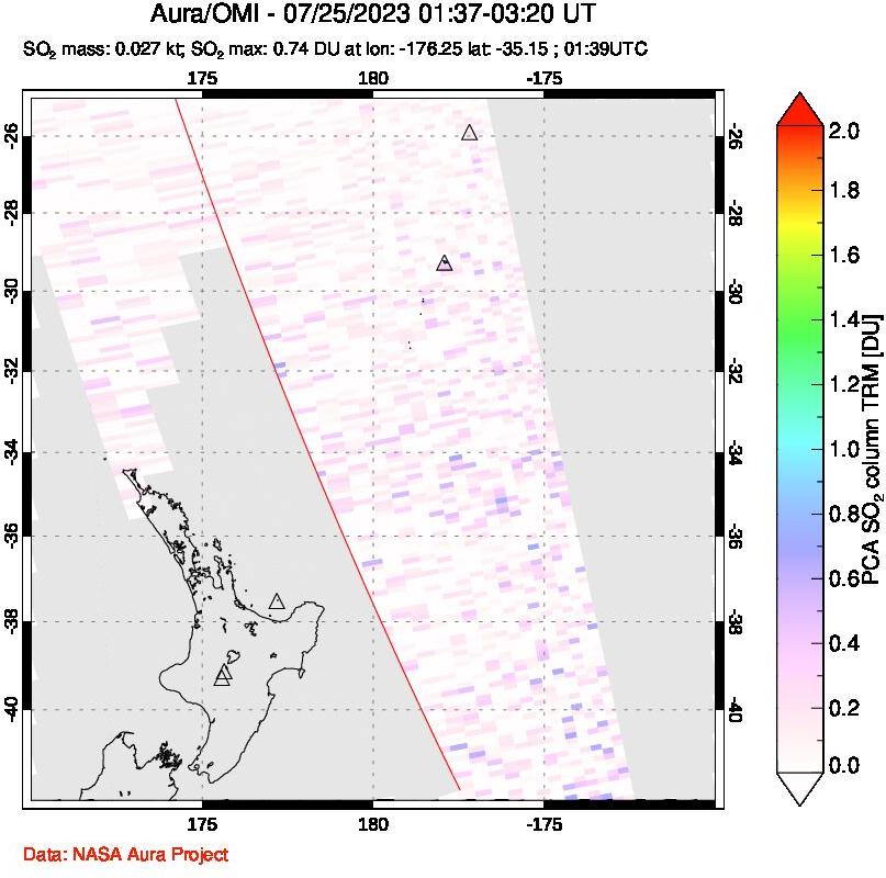 A sulfur dioxide image over New Zealand on Jul 25, 2023.