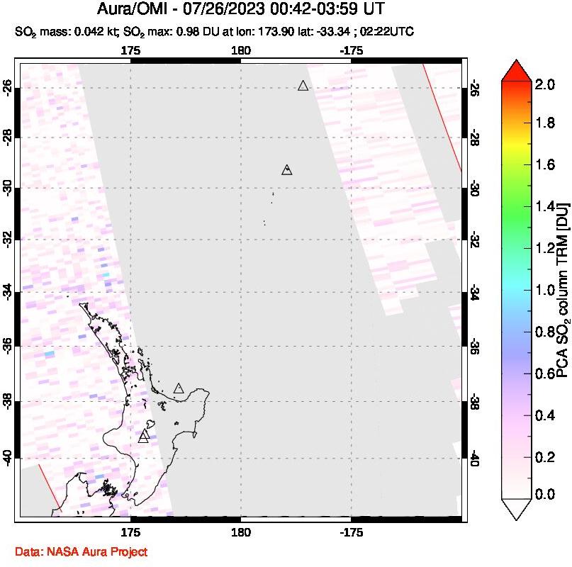 A sulfur dioxide image over New Zealand on Jul 26, 2023.