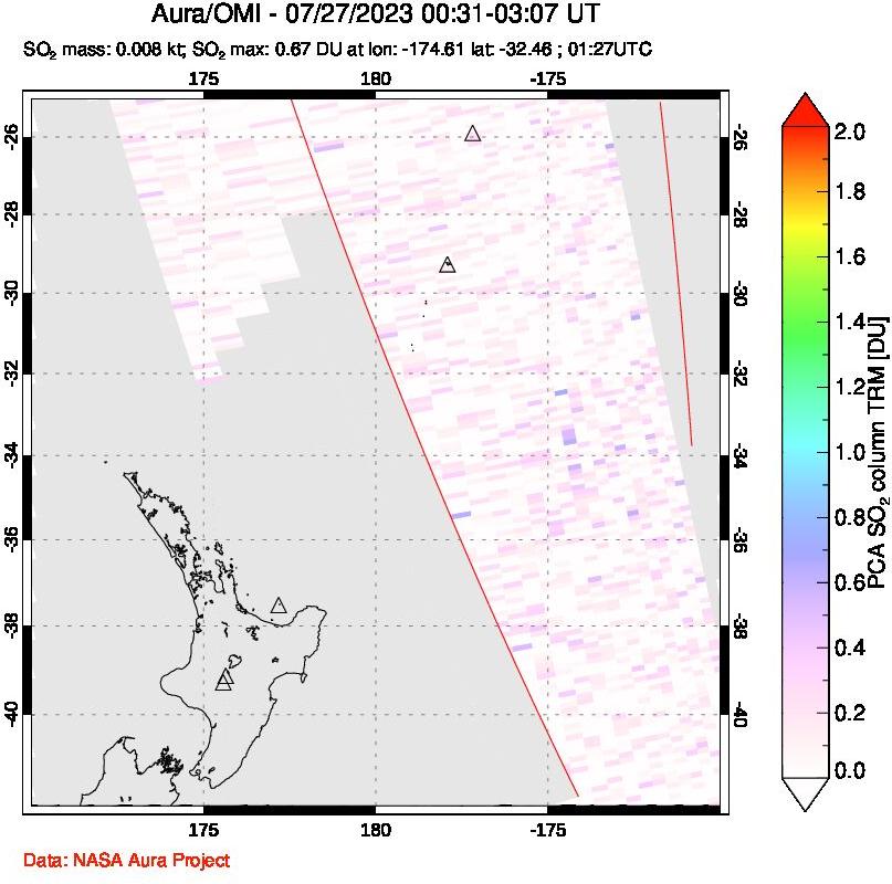 A sulfur dioxide image over New Zealand on Jul 27, 2023.
