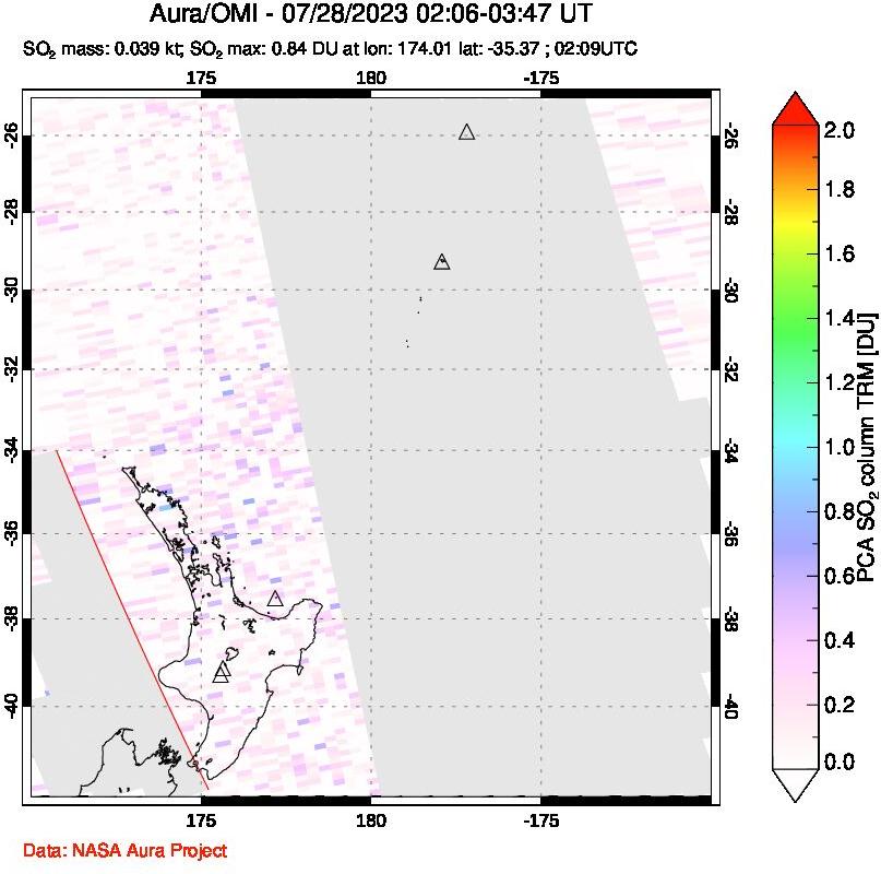 A sulfur dioxide image over New Zealand on Jul 28, 2023.