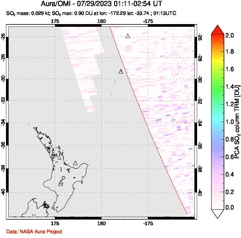 A sulfur dioxide image over New Zealand on Jul 29, 2023.