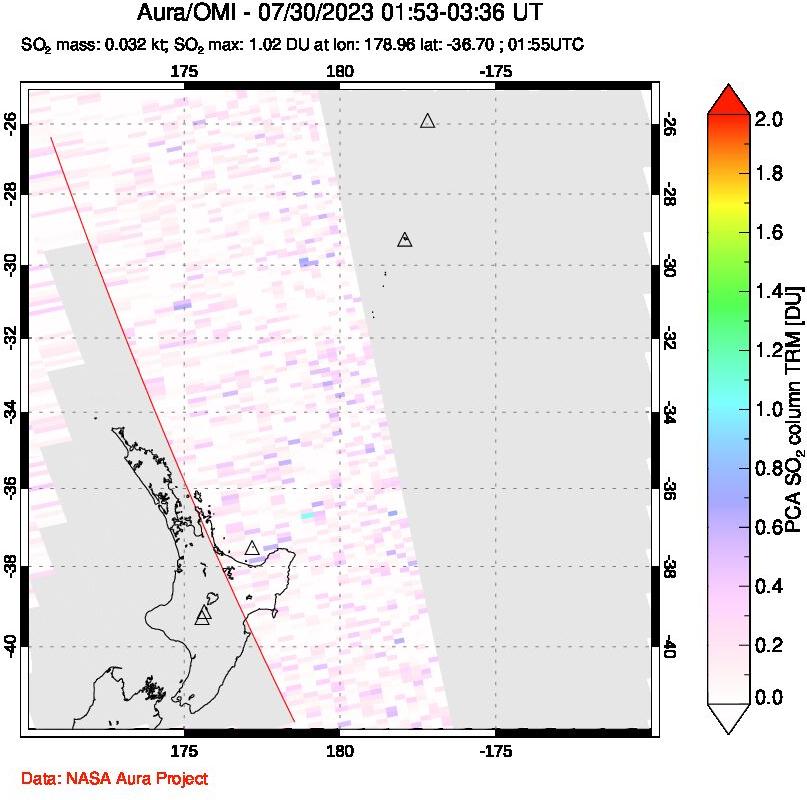 A sulfur dioxide image over New Zealand on Jul 30, 2023.