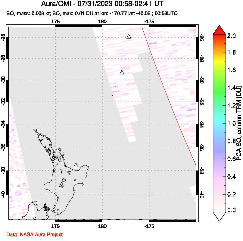 A sulfur dioxide image over New Zealand on Jul 31, 2023.