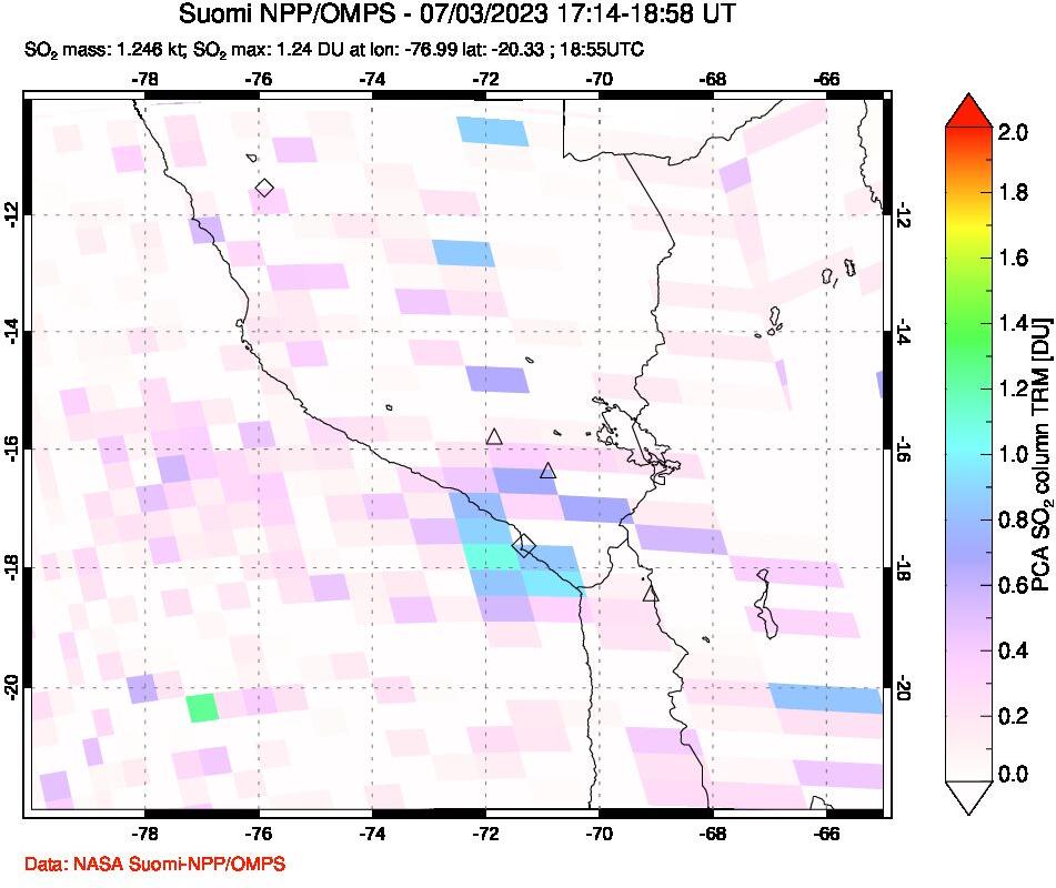A sulfur dioxide image over Peru on Jul 03, 2023.