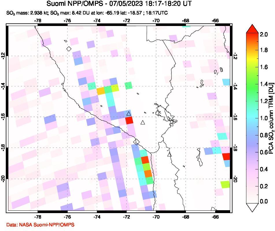 A sulfur dioxide image over Peru on Jul 05, 2023.