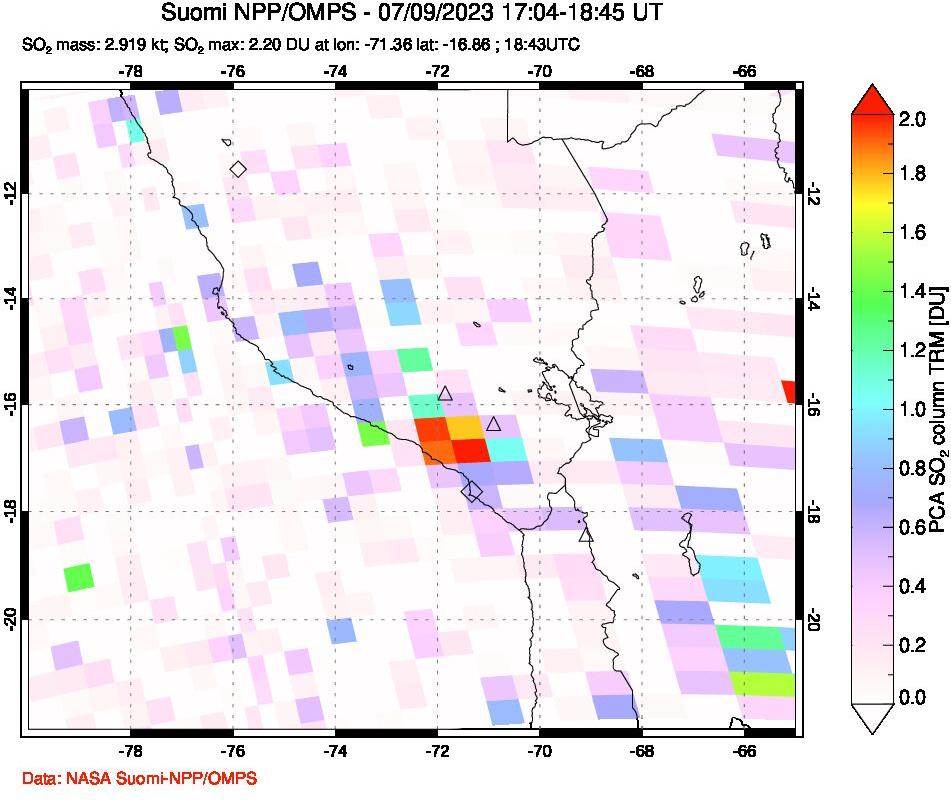 A sulfur dioxide image over Peru on Jul 09, 2023.