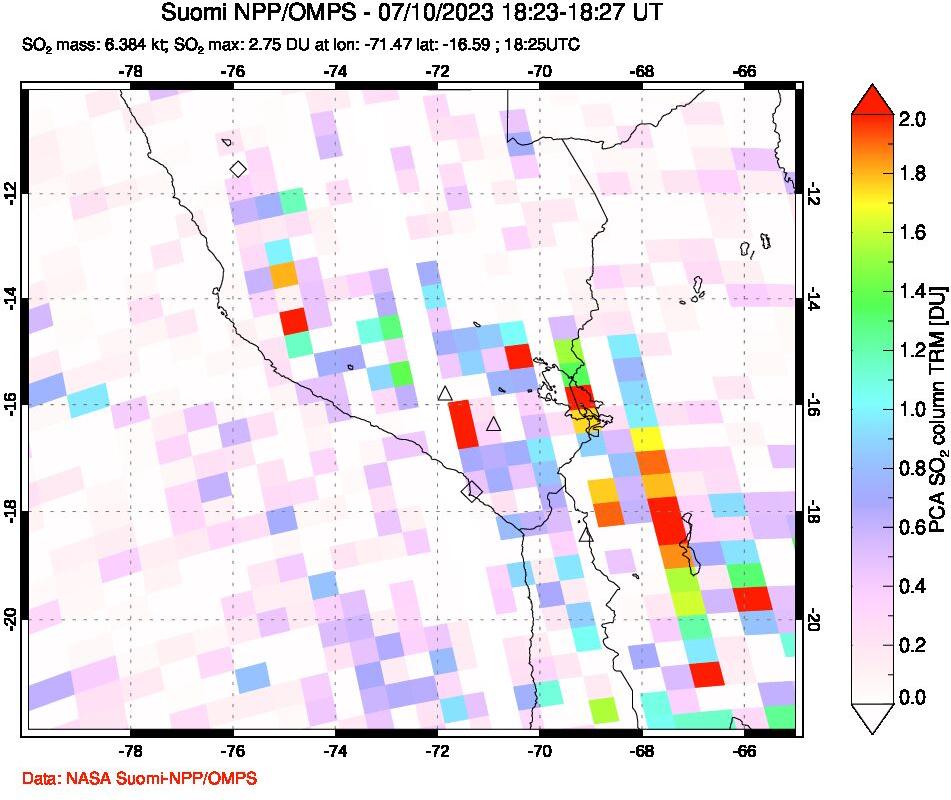 A sulfur dioxide image over Peru on Jul 10, 2023.