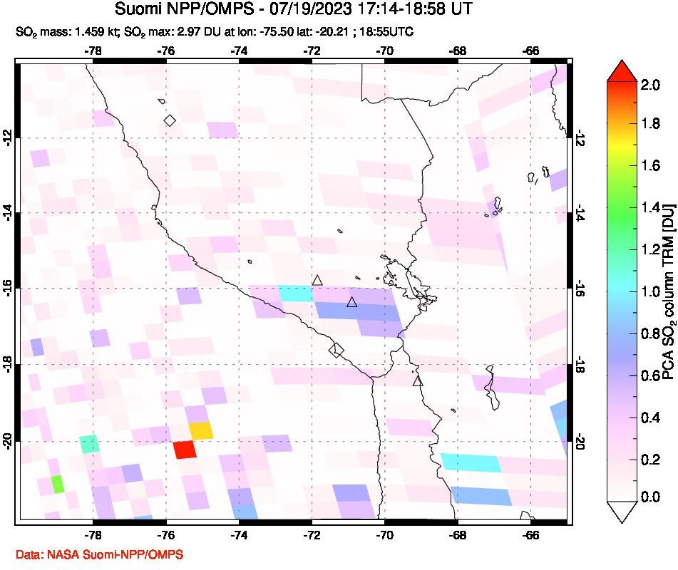 A sulfur dioxide image over Peru on Jul 19, 2023.