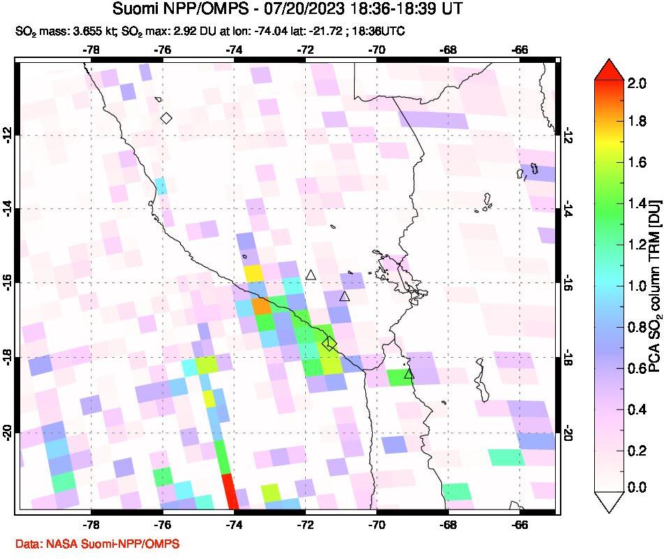 A sulfur dioxide image over Peru on Jul 20, 2023.