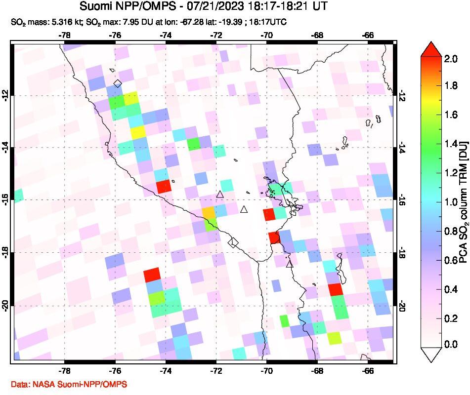A sulfur dioxide image over Peru on Jul 21, 2023.