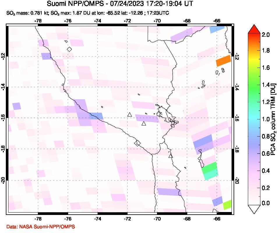 A sulfur dioxide image over Peru on Jul 24, 2023.