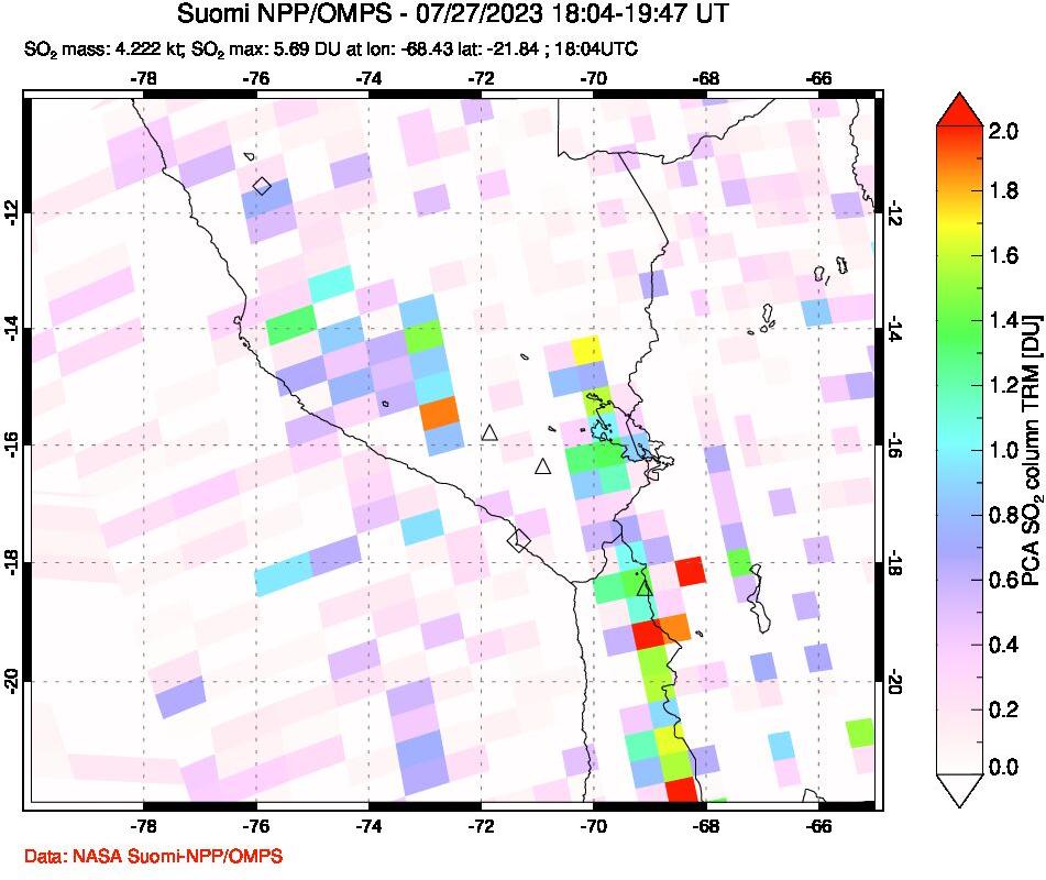 A sulfur dioxide image over Peru on Jul 27, 2023.