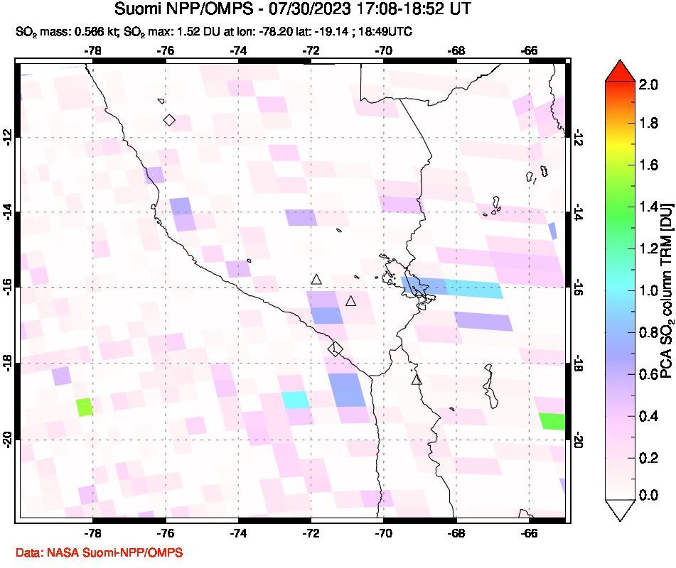 A sulfur dioxide image over Peru on Jul 30, 2023.