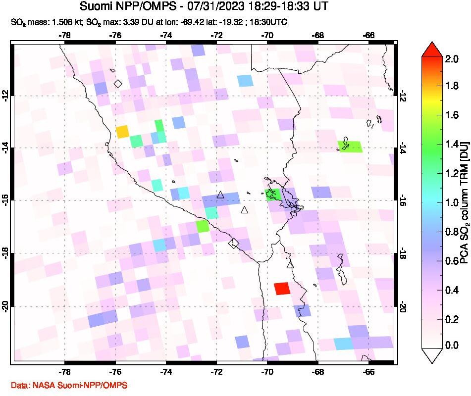 A sulfur dioxide image over Peru on Jul 31, 2023.