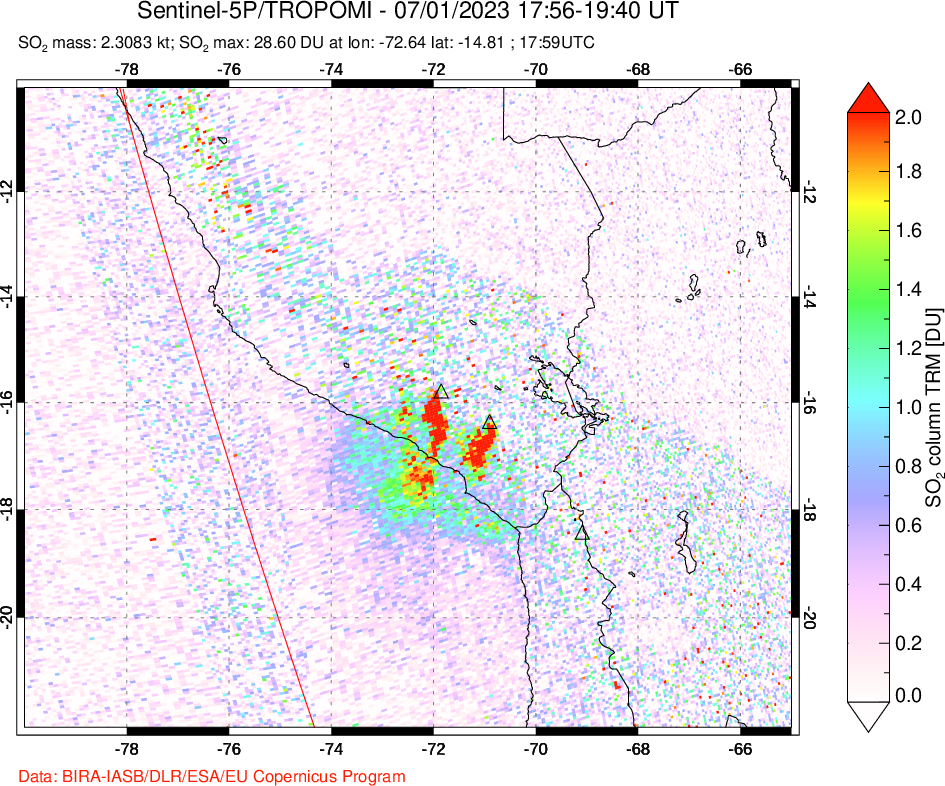 A sulfur dioxide image over Peru on Jul 01, 2023.