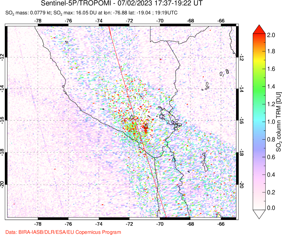 A sulfur dioxide image over Peru on Jul 02, 2023.