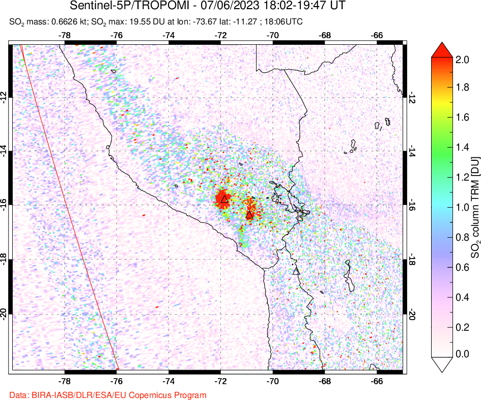 A sulfur dioxide image over Peru on Jul 06, 2023.