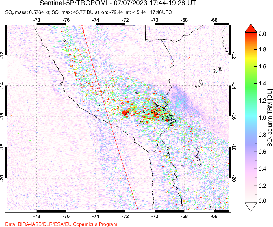 A sulfur dioxide image over Peru on Jul 07, 2023.