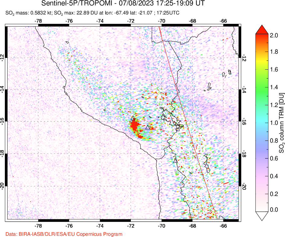 A sulfur dioxide image over Peru on Jul 08, 2023.
