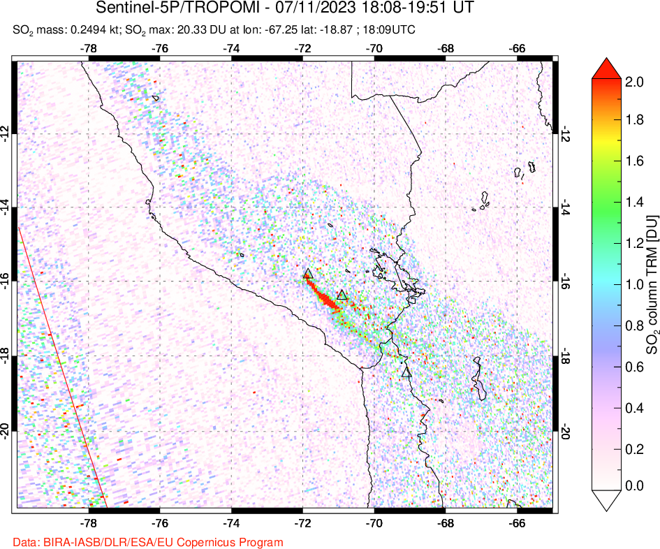 A sulfur dioxide image over Peru on Jul 11, 2023.