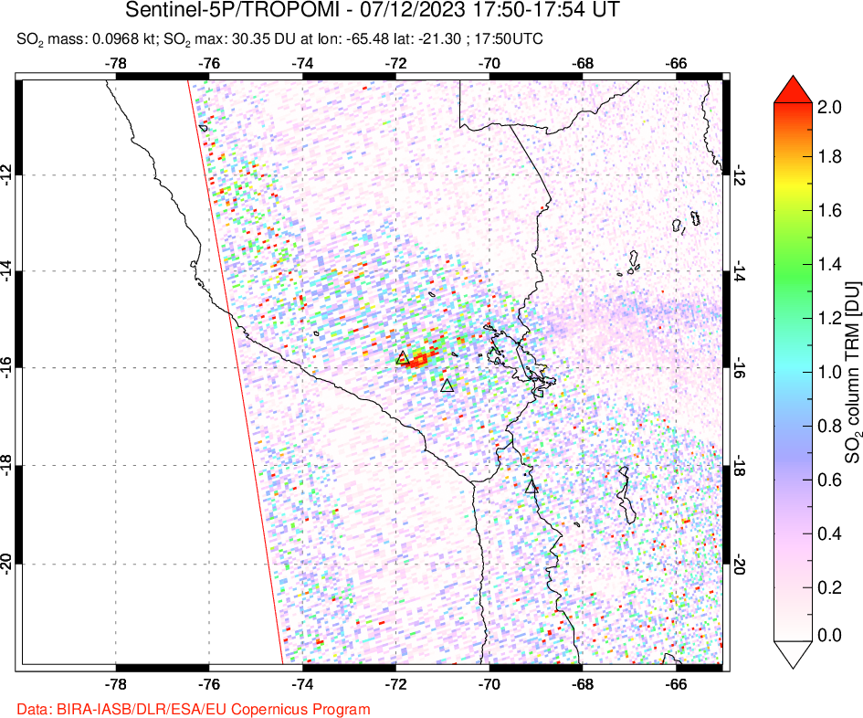 A sulfur dioxide image over Peru on Jul 12, 2023.