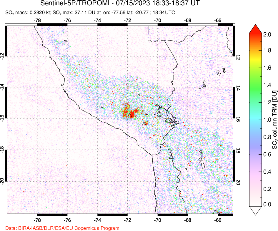A sulfur dioxide image over Peru on Jul 15, 2023.