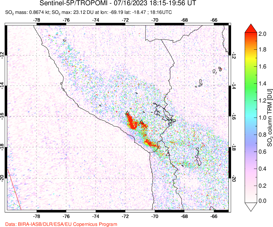 A sulfur dioxide image over Peru on Jul 16, 2023.