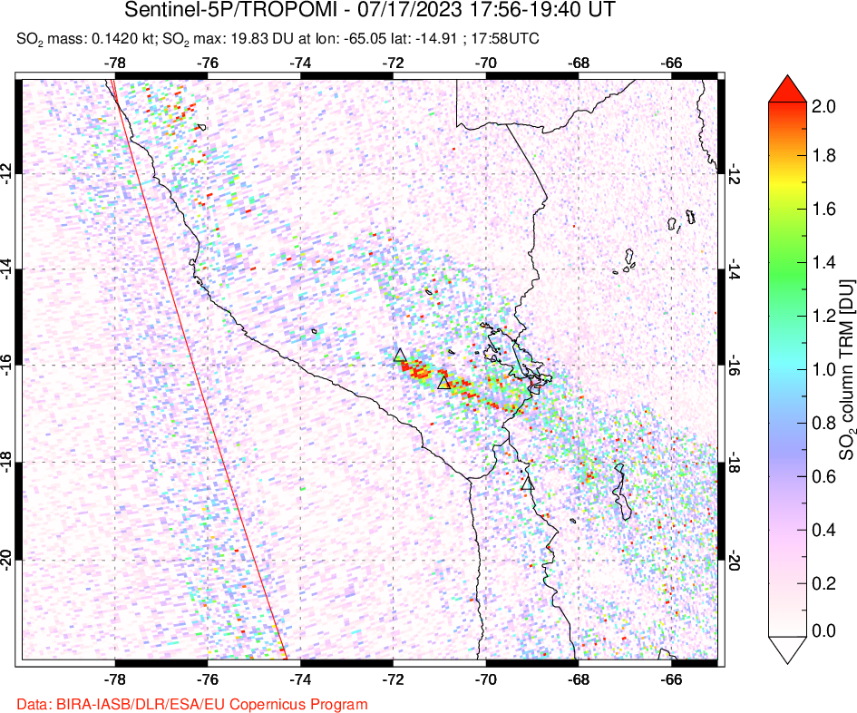 A sulfur dioxide image over Peru on Jul 17, 2023.