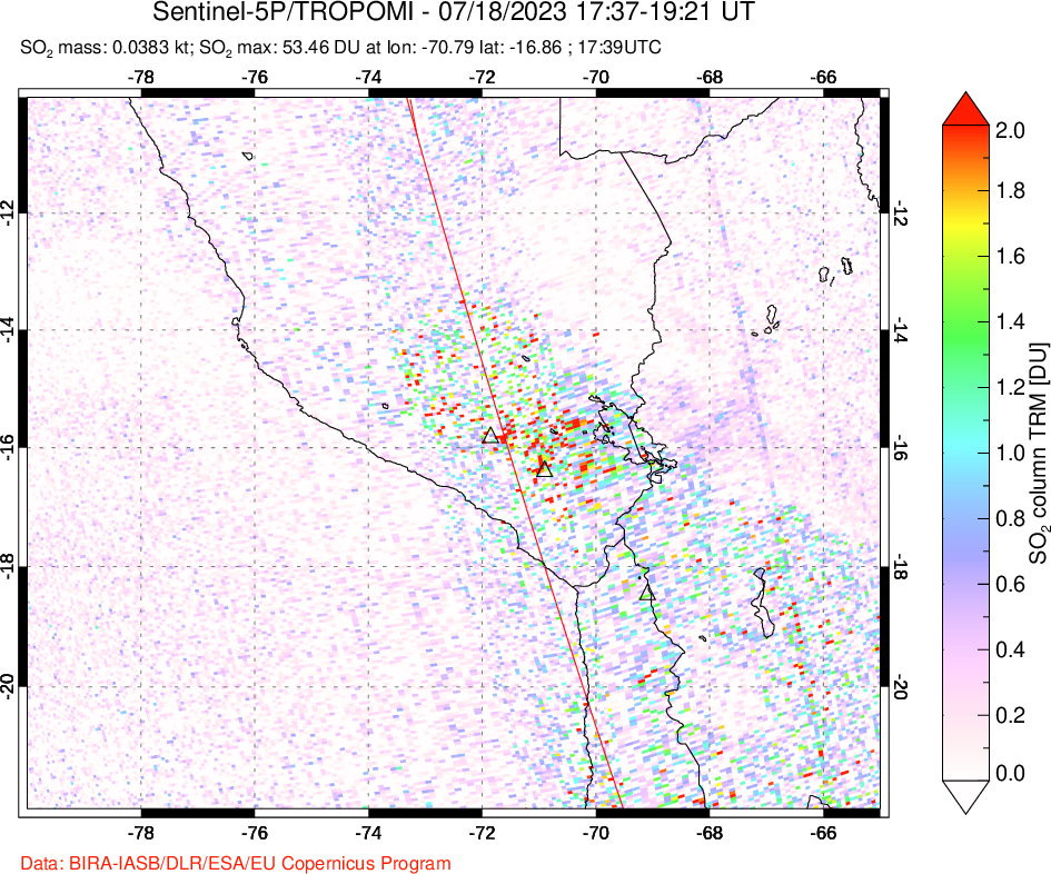 A sulfur dioxide image over Peru on Jul 18, 2023.