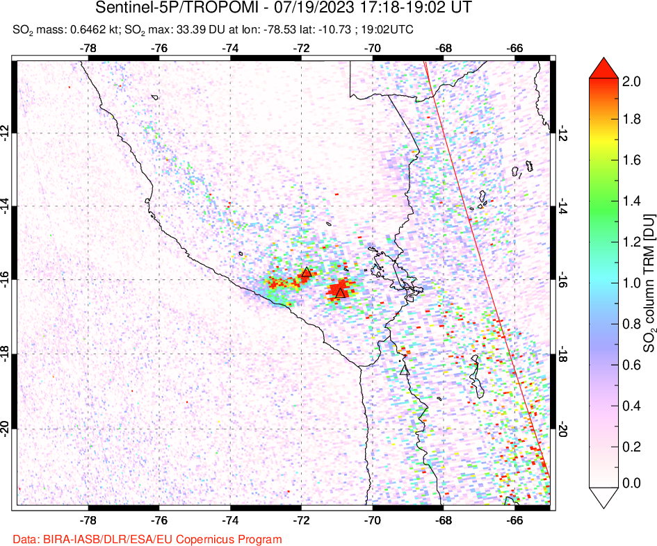 A sulfur dioxide image over Peru on Jul 19, 2023.