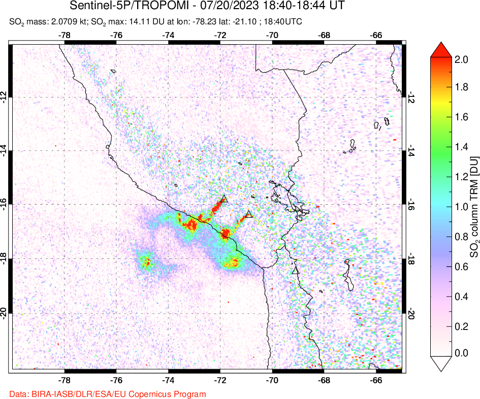 A sulfur dioxide image over Peru on Jul 20, 2023.