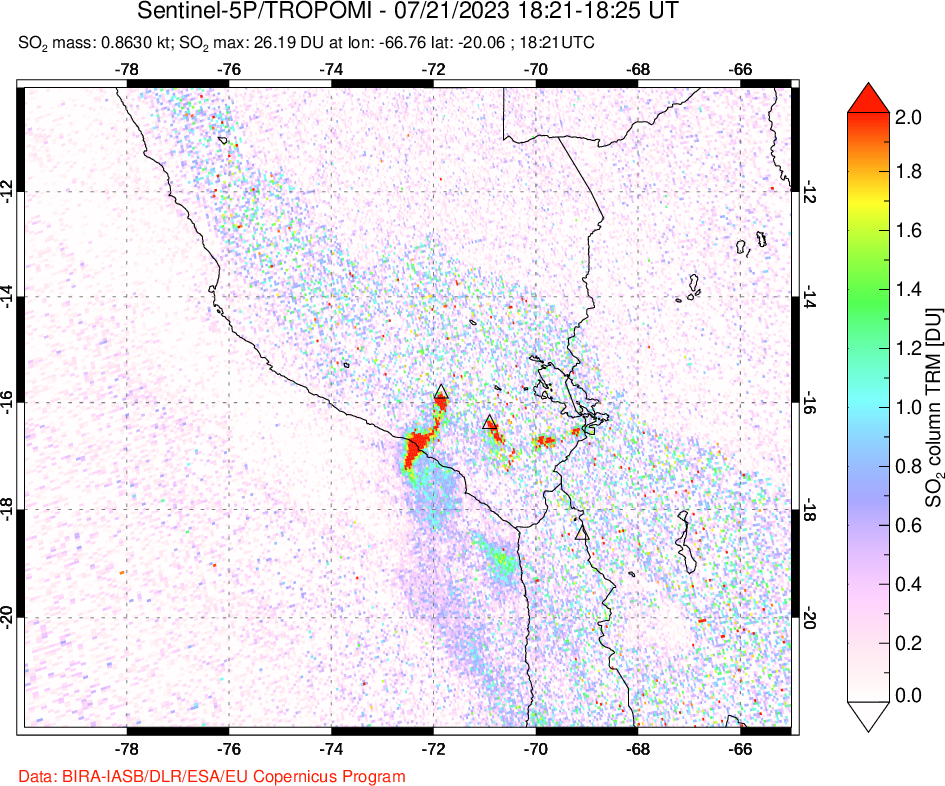 A sulfur dioxide image over Peru on Jul 21, 2023.