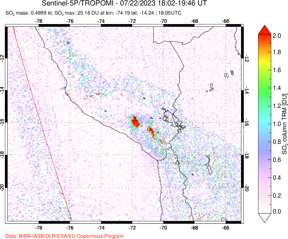 A sulfur dioxide image over Peru on Jul 22, 2023.