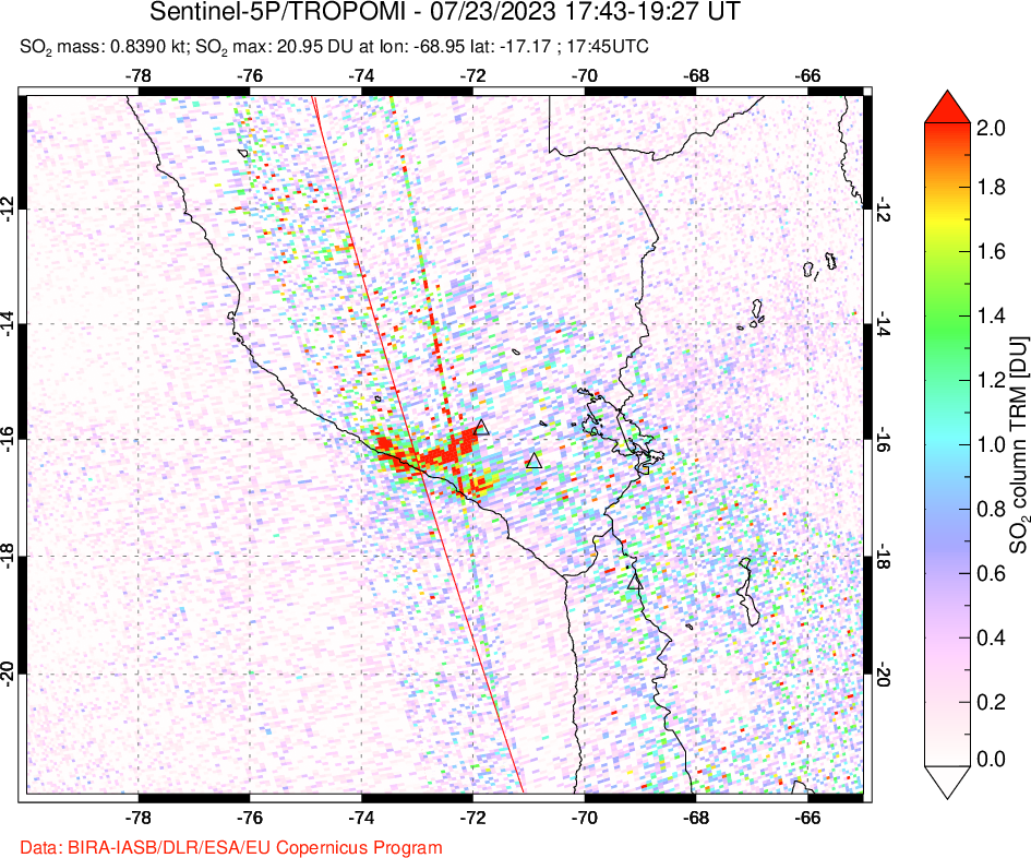 A sulfur dioxide image over Peru on Jul 23, 2023.