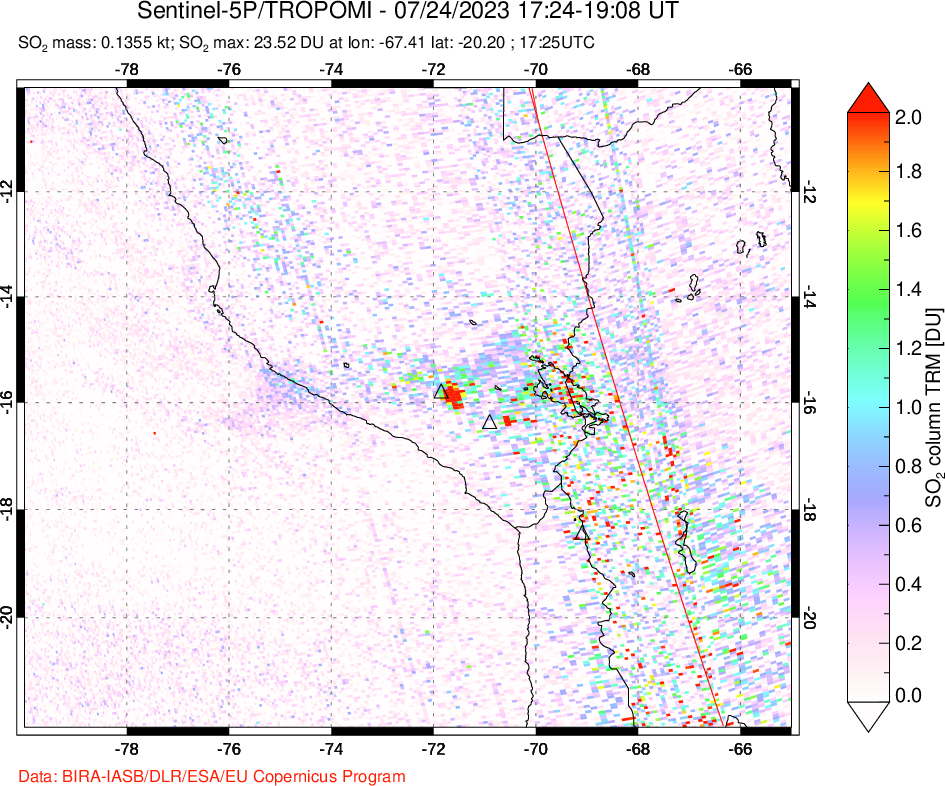 A sulfur dioxide image over Peru on Jul 24, 2023.
