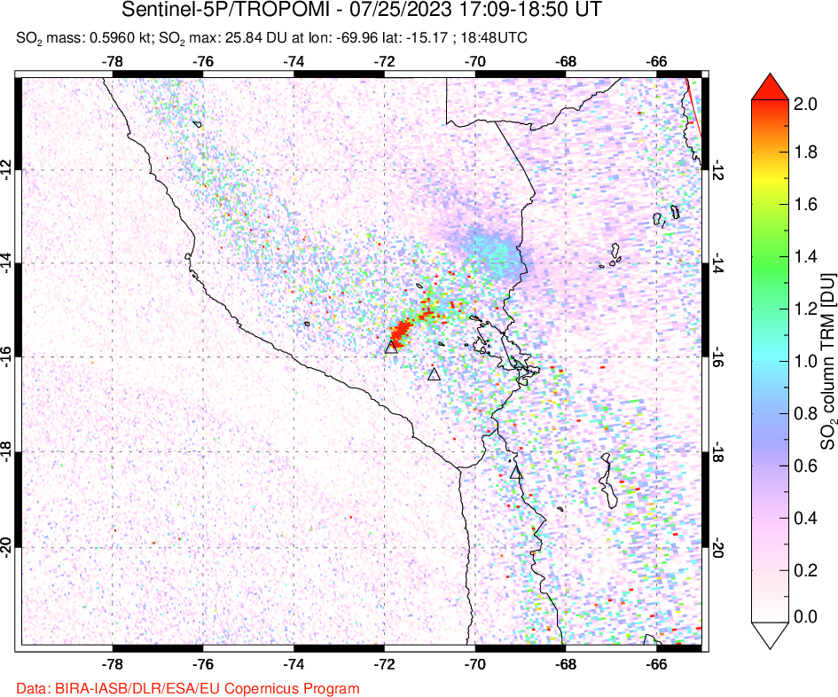 A sulfur dioxide image over Peru on Jul 25, 2023.