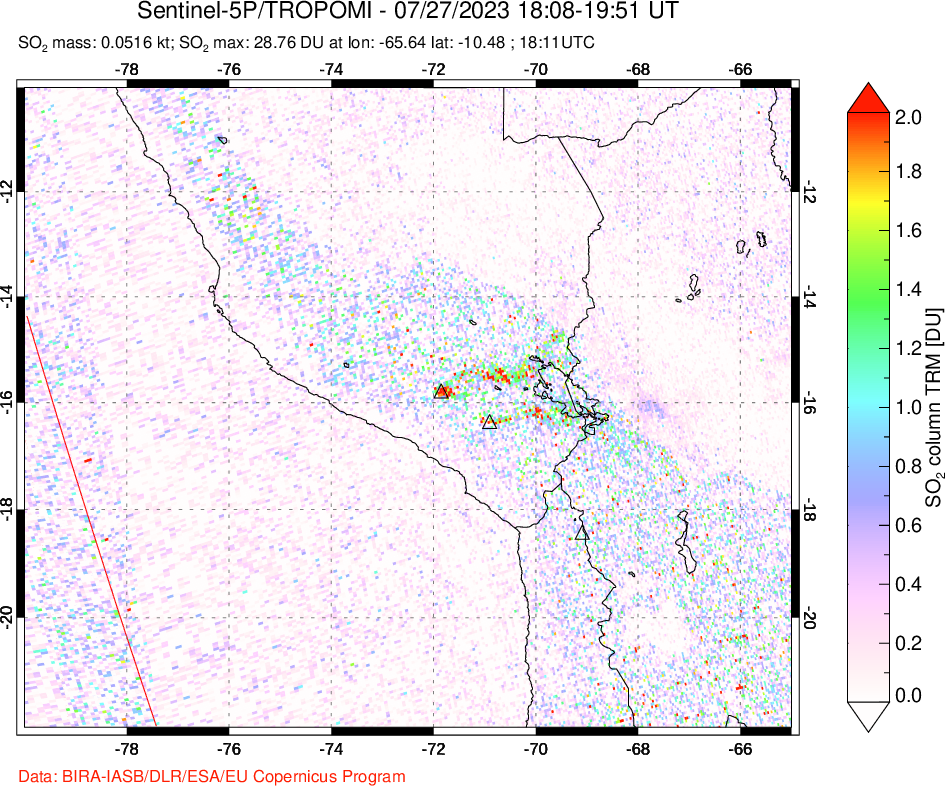 A sulfur dioxide image over Peru on Jul 27, 2023.