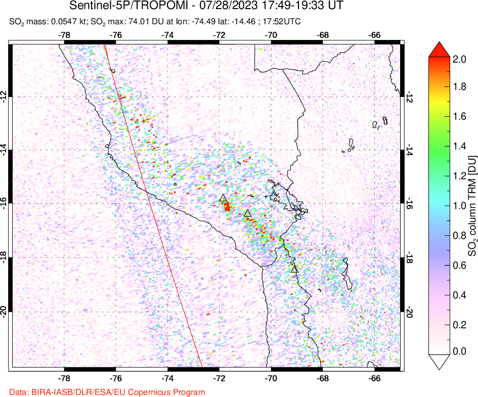 A sulfur dioxide image over Peru on Jul 28, 2023.