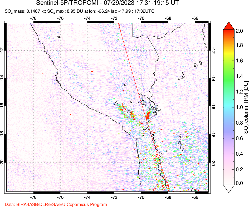 A sulfur dioxide image over Peru on Jul 29, 2023.