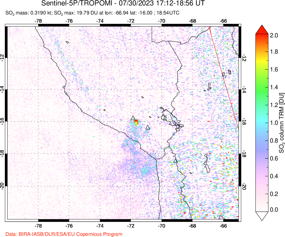 A sulfur dioxide image over Peru on Jul 30, 2023.