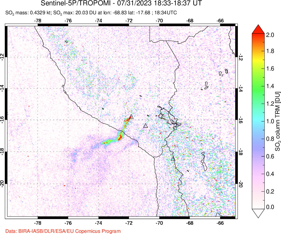 A sulfur dioxide image over Peru on Jul 31, 2023.
