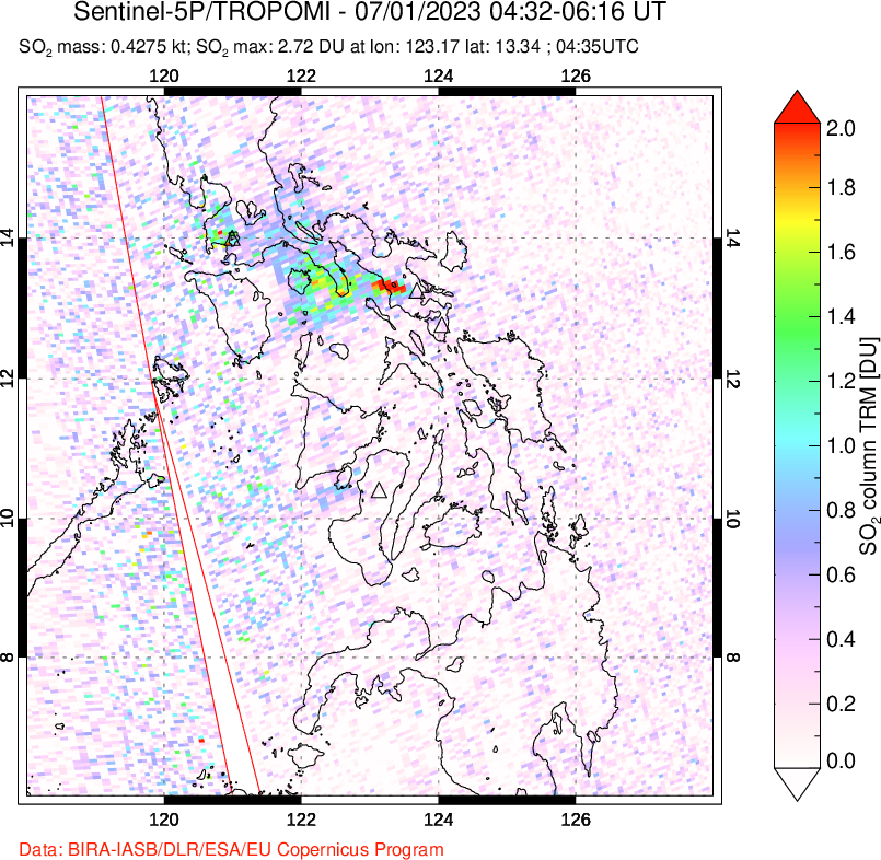A sulfur dioxide image over Philippines on Jul 01, 2023.
