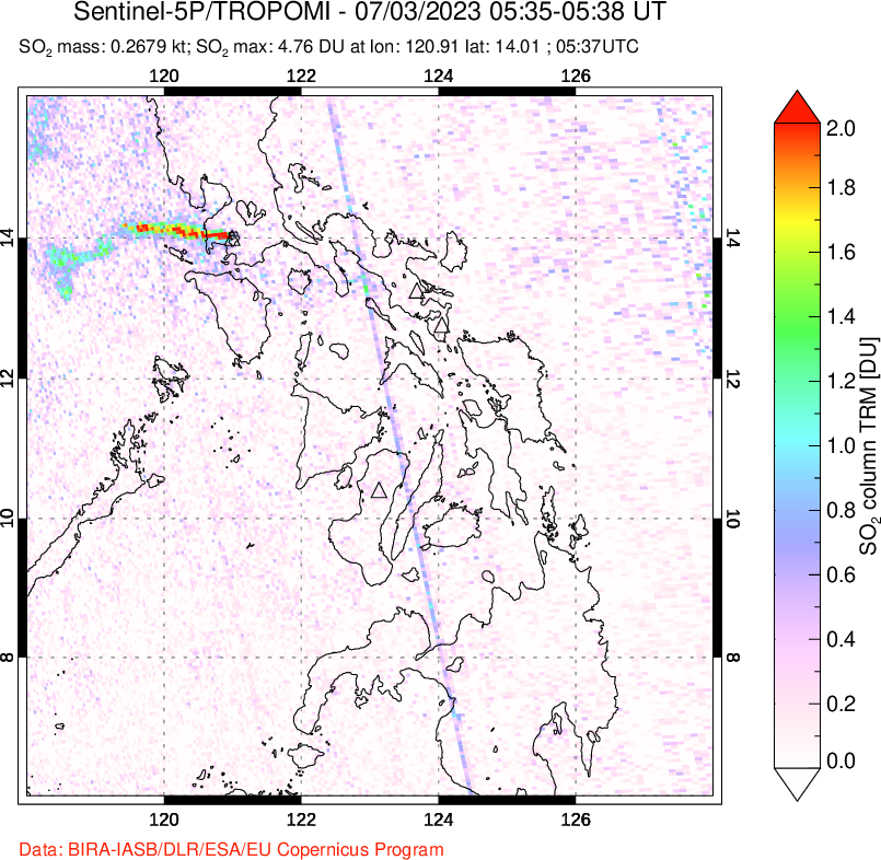 A sulfur dioxide image over Philippines on Jul 03, 2023.