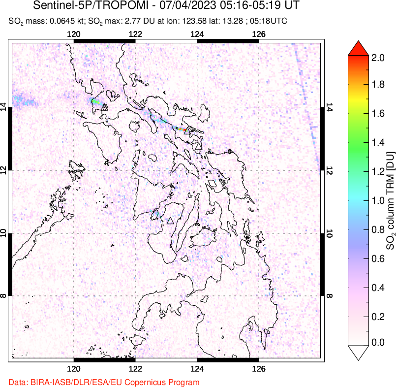 A sulfur dioxide image over Philippines on Jul 04, 2023.