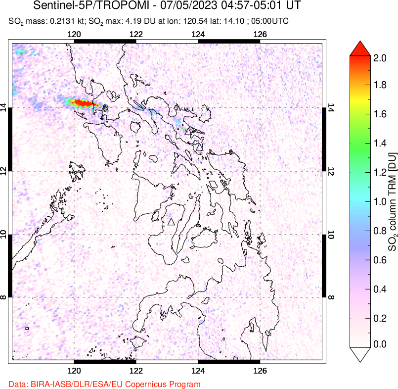 A sulfur dioxide image over Philippines on Jul 05, 2023.